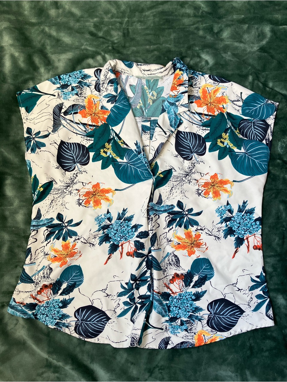 Cleo White Camp Blouse with Teal & Orange Floral Print